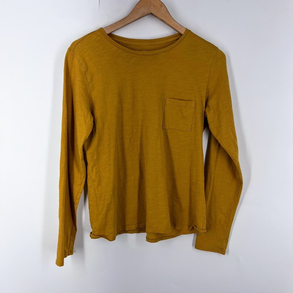 Garnet Hill Mustard Yellow Organic Pima Cotton Long Sleeve Pocket Tee M Slub